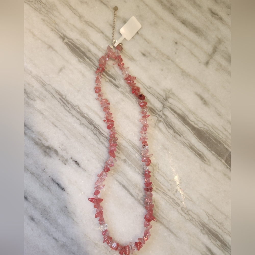 Cherry Quartz Gemstone Chips Necklace, Adjustable 925 Sterling Silver, NWT